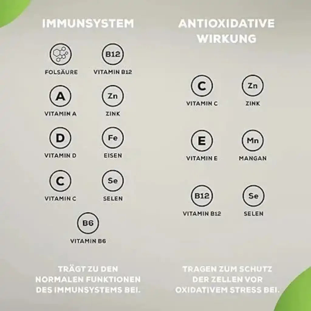 Grafik mit Vitaminen und Mineralstoffen für Immunsystem und antioxidative Wirkung, Deutsch.