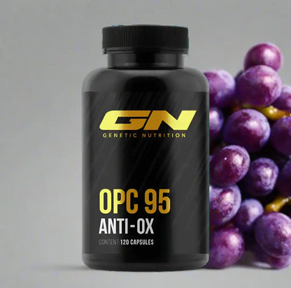 OPC 95 Anti-Ox Kapseln von Genetic Nutrition mit Trauben im Hintergrund