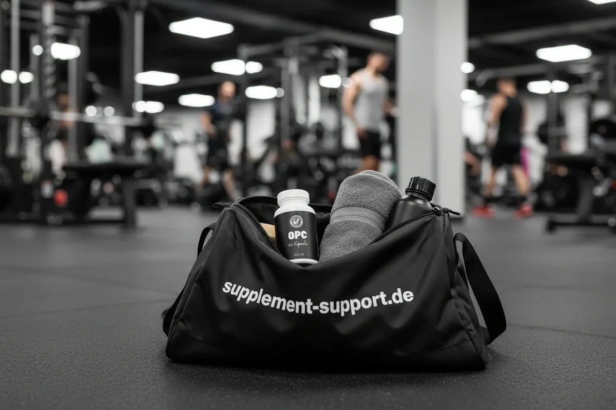 Fitness-Tasche mit Nahrungsergänzungsmitteln im Gym – Protein, Booster, Vitamine für Sportler