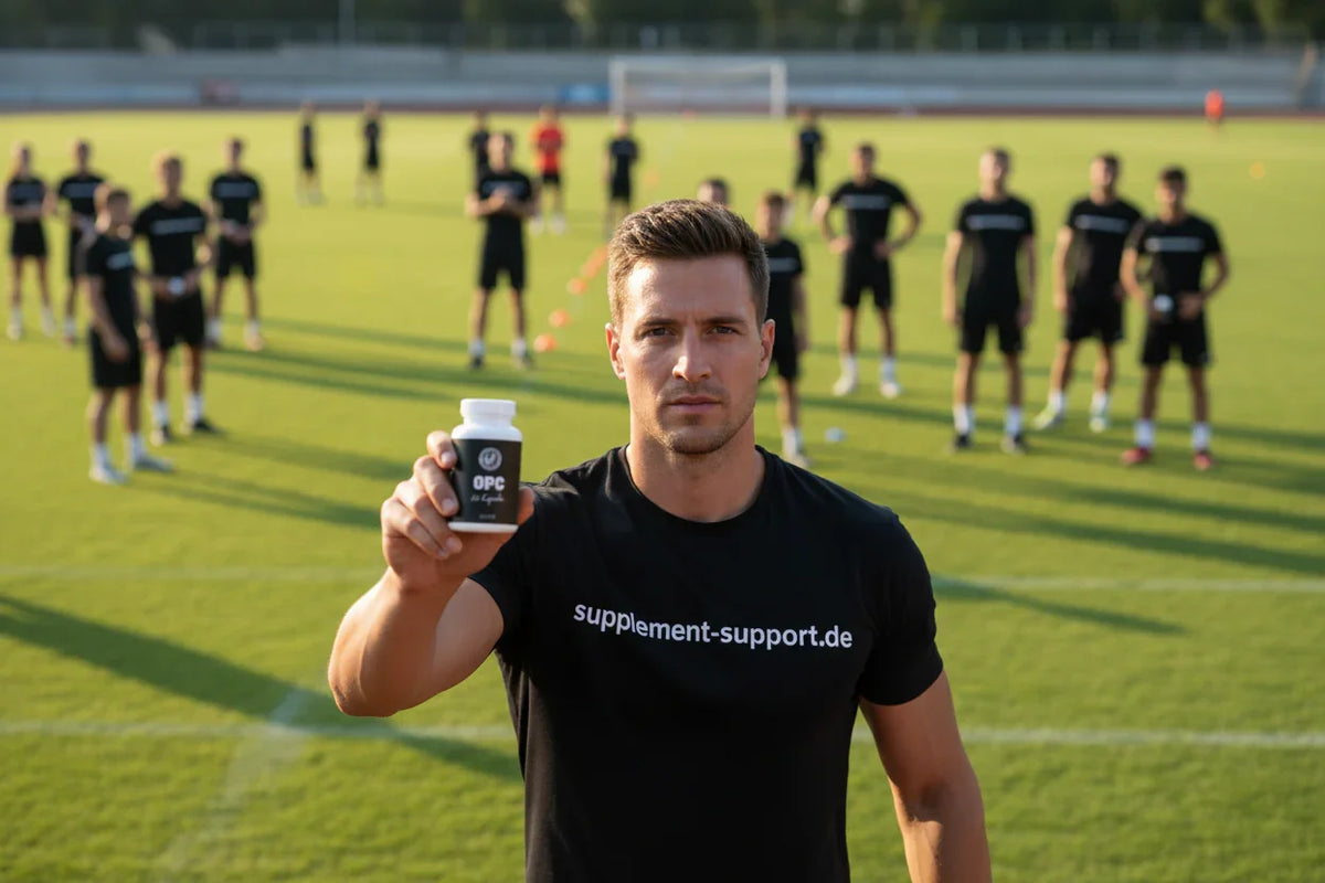 Mann hält OPC Kapseln auf Fußballfeld, Sportnahrung & Nahrungsergänzungsmittel für Athleten