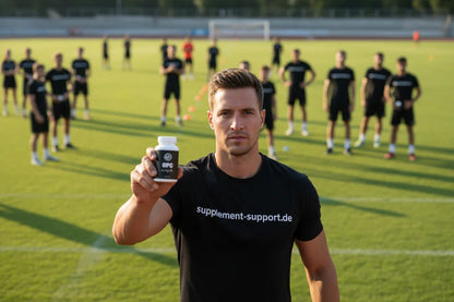 Mann hält OPC Kapseln auf Fußballfeld, Sportnahrung & Nahrungsergänzungsmittel für Athleten