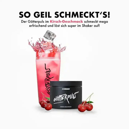 Götterpuls Kirsch-Geschmack Nahrungsergänzung im Shaker mit Eiswürfeln und frischen Kirschen