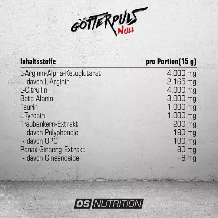 Götterpuls Null Inhaltsstoffe: L-Arginin, Citrullin, Beta-Alanin – OS Nutrition Nahrungsergänzung