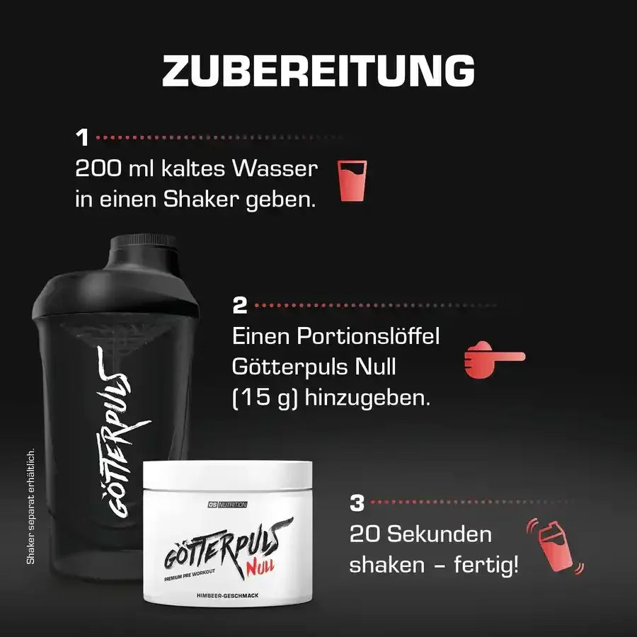 Götterpuls Null Pre Workout Himbeergeschmack – Zubereitung mit Shaker und Wasser