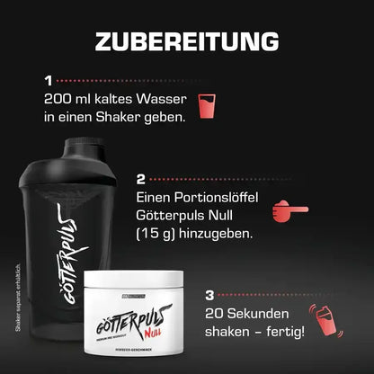 Götterpuls Null Pre Workout Himbeergeschmack – Zubereitung mit Shaker und Wasser