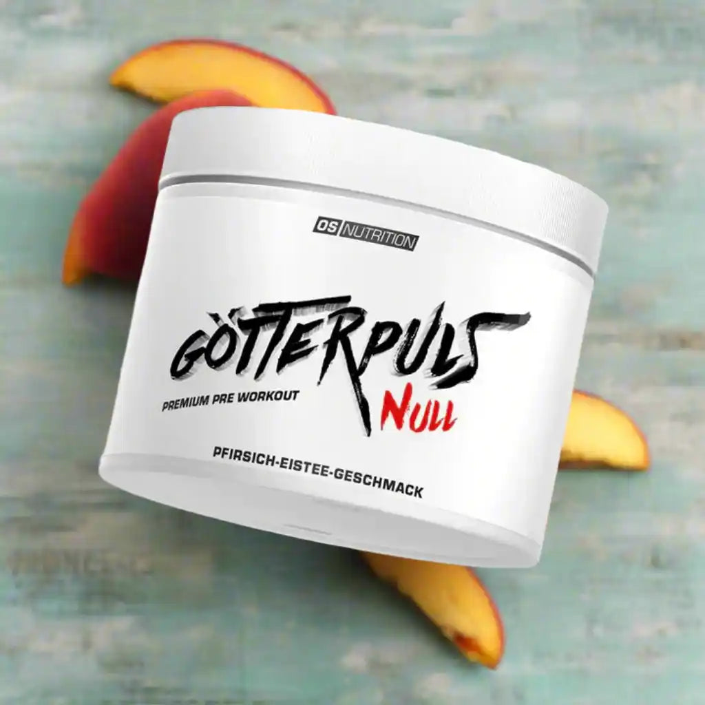 Götterpuls Null Premium Pre Workout Pfirsich-Eistee-Geschmack mit Pfirsichstücken