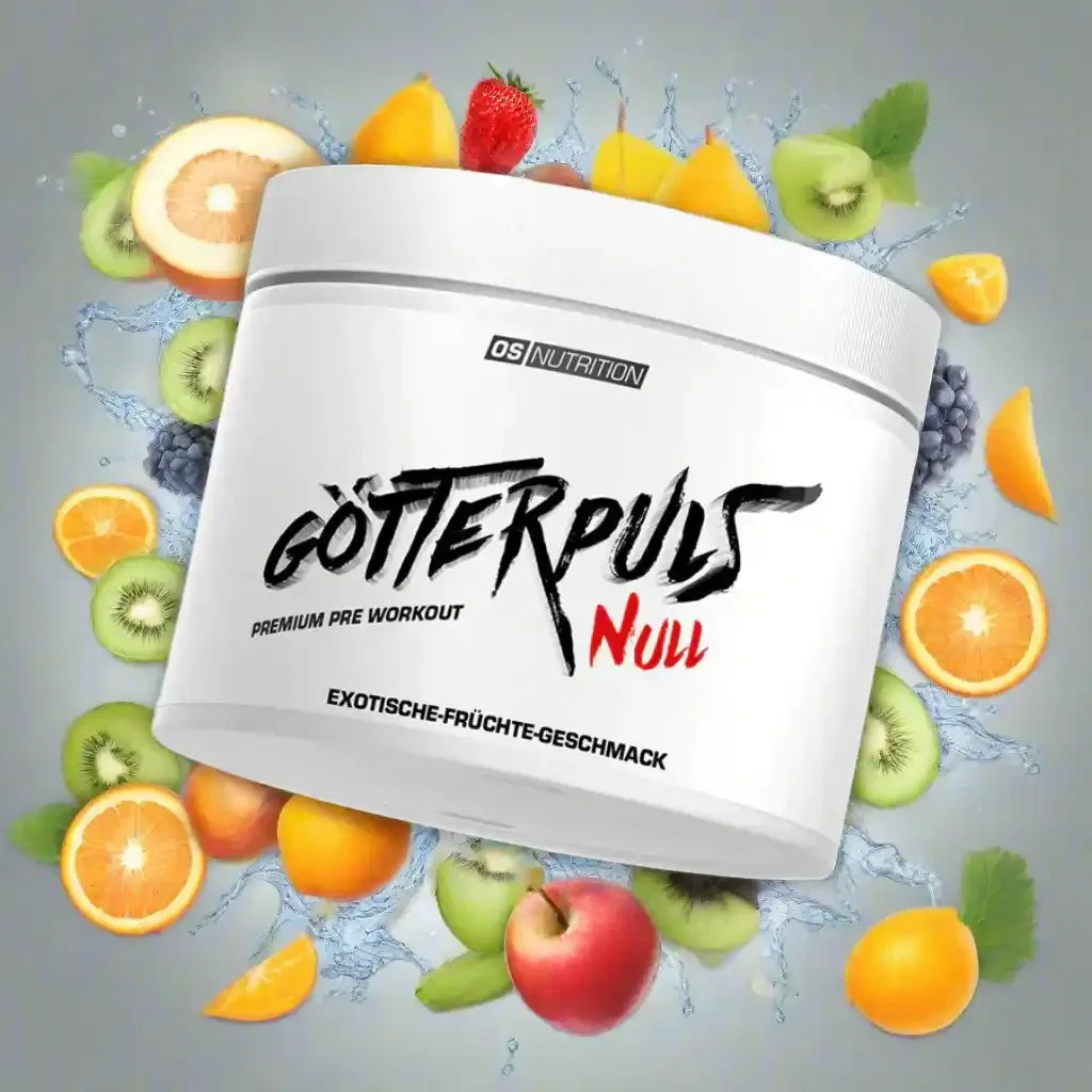 OS Nutrition Götterpuls Null Pre Workout mit exotischem Fruchtgeschmack und frischen Früchten