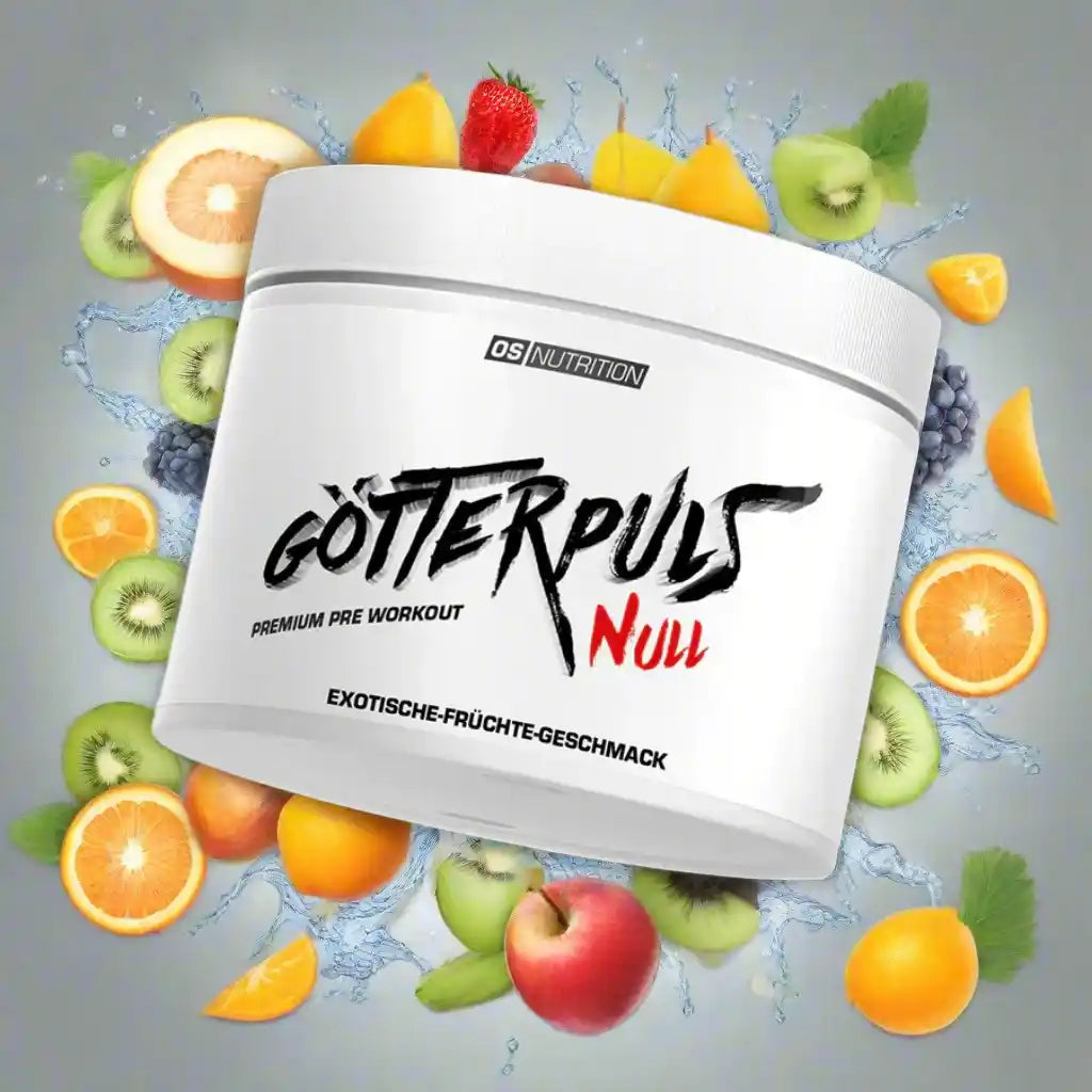 OS Nutrition Götterpuls Null Pre Workout mit exotischem Fruchtgeschmack und frischen Früchten