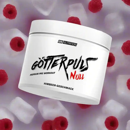 Götterpuls Null Pre Workout Himbeergeschmack von OS Nutrition mit Himbeeren und Eiswürfeln