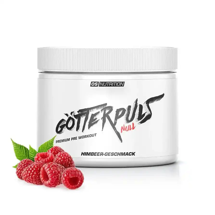 Götterpuls Null Premium Pre Workout Himbeer-Geschmack mit frischen Himbeeren