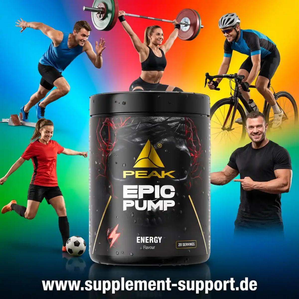 PEAK EPIC PUMP Nahrungsergänzungsmittel umgeben von verschiedenen Sportlern vor buntem Hintergrund