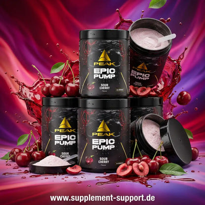 PEAK Epic Pump Booster in der Sorte Sour Cherry mit Kirschen und Pulver auf dynamischem Hintergrund