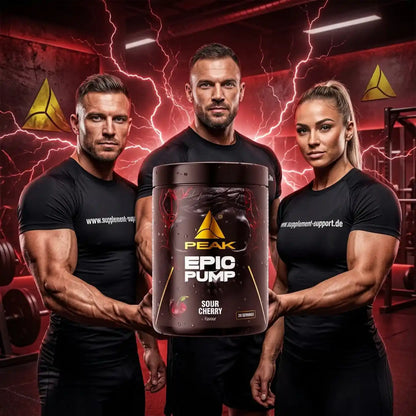 PEAK EPIC PUMP Nahrungsergänzungsmittel in Sour Cherry präsentiert von drei Bodybuildern.