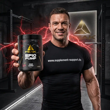 Muskulöser Mann hält eine Dose PEAK EPIC PUMP in einem Fitnessstudio mit Blitzeffekten.