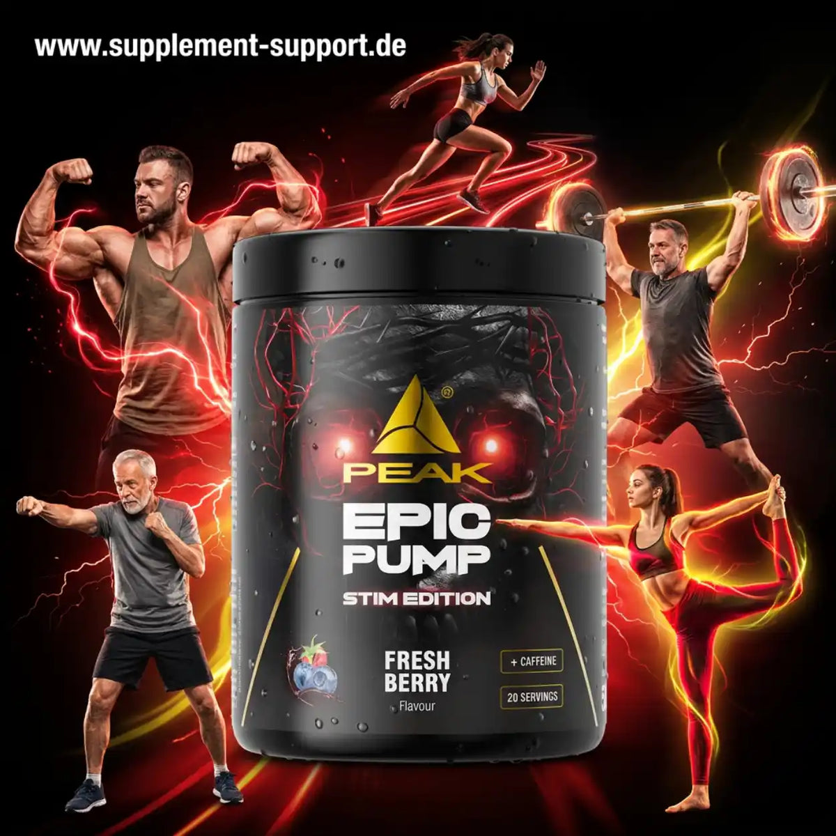 PEAK Epic Pump Stim Edition Booster im Fresh Berry Geschmack mit Sportlern und Energie-Effekten