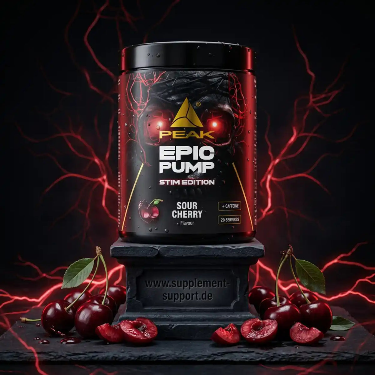 PEAK Epic Pump Stim Edition Booster in Sour Cherry Geschmack mit Kirschen auf dunklem Hintergrund
