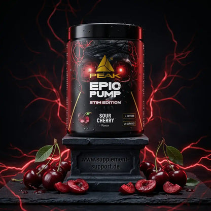 PEAK Epic Pump Stim Edition Booster in Sour Cherry Geschmack mit Kirschen auf dunklem Hintergrund