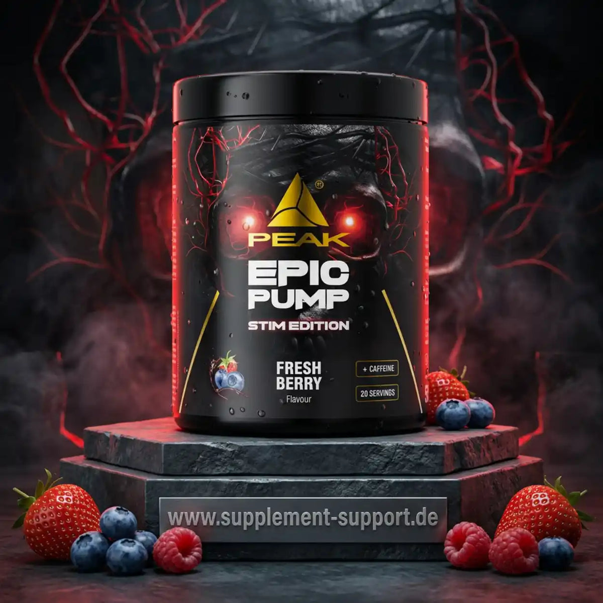PEAK Epic Pump Stim Edition Pre-Workout Supplement in Fresh Berry Geschmack mit Beeren.