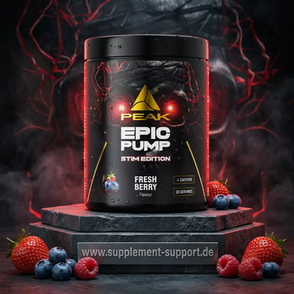 PEAK Epic Pump Stim Edition Pre-Workout Supplement in Fresh Berry Geschmack mit Beeren.