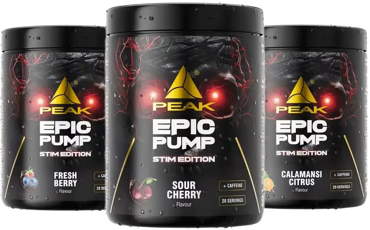 Drei Dosen PEAK EPIC PUMP STIM EDITION in den Geschmacksrichtungen Fresh Berry, Sour Cherry und Calamansi Citrus