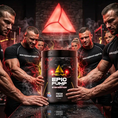 PEAK EPIC PUMP STIM EDITION Booster im Fresh Berry Geschmack mit Bodybuildern im Hintergrund.