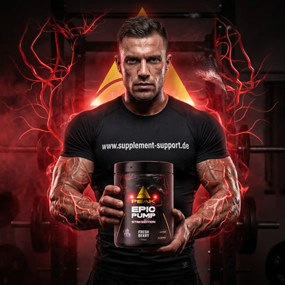 Muskulöser Mann hält eine Dose PEAK EPIC PUMP STIM EDITION vor dramatischem rotem Hintergrund.