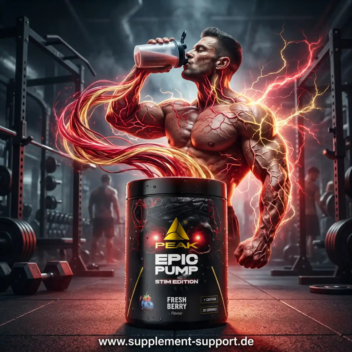 PEAK Epic Pump Stim Edition Booster in Fresh Berry Geschmack vor einem muskulösen Athleten.