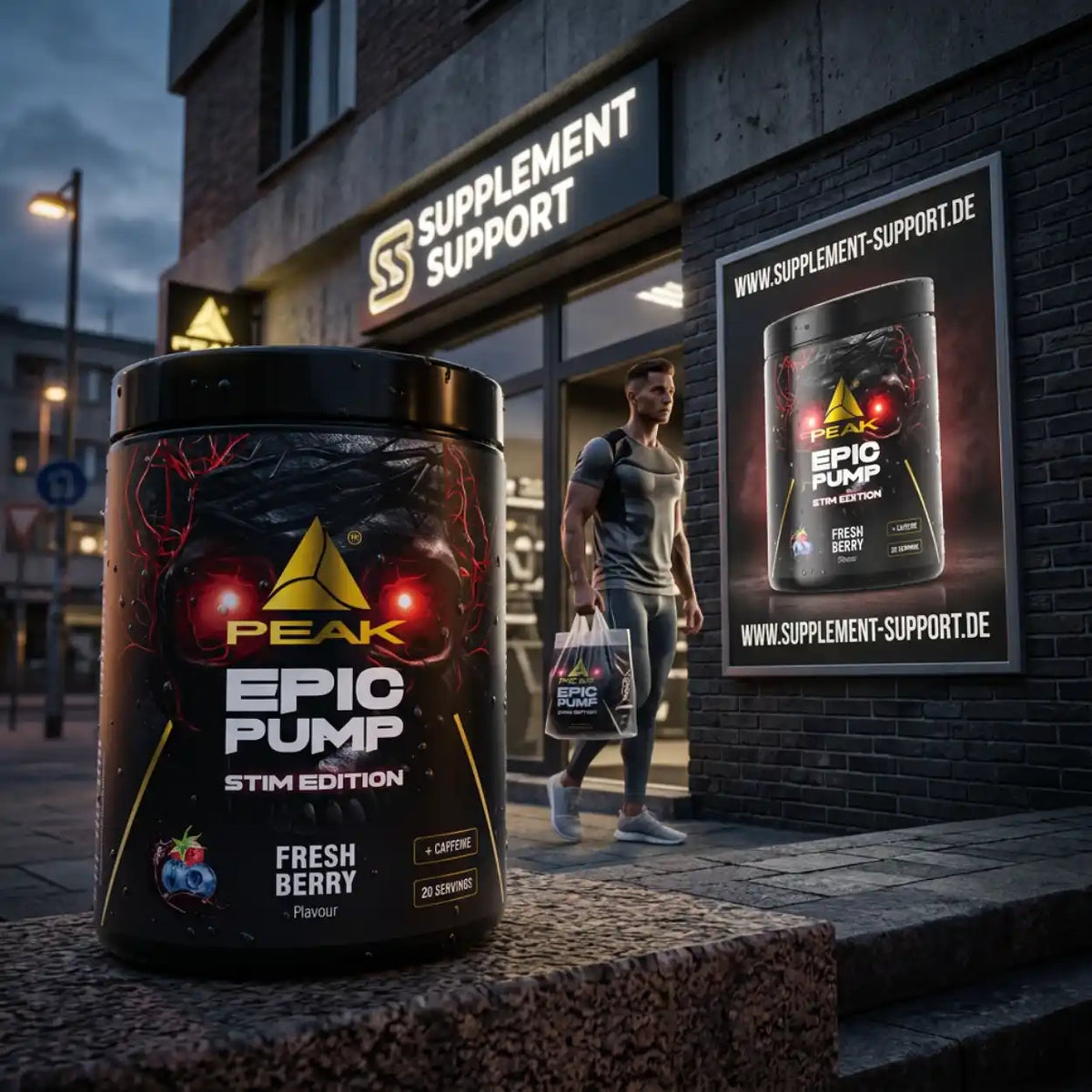 PEAK Epic Pump Stim Edition Booster im Fresh Berry Geschmack vor einem Supplement-Shop.