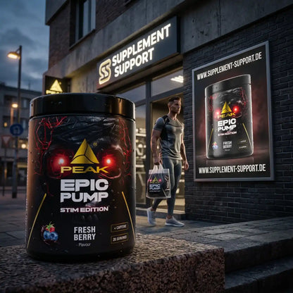 PEAK Epic Pump Stim Edition Booster im Fresh Berry Geschmack vor einem Supplement-Shop.