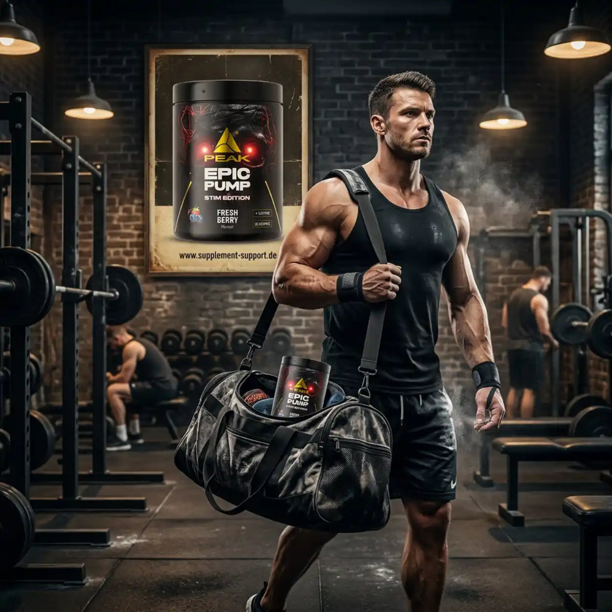 Muskulöser Mann im Fitnessstudio mit Sporttasche und PEAK Epic Pump Booster