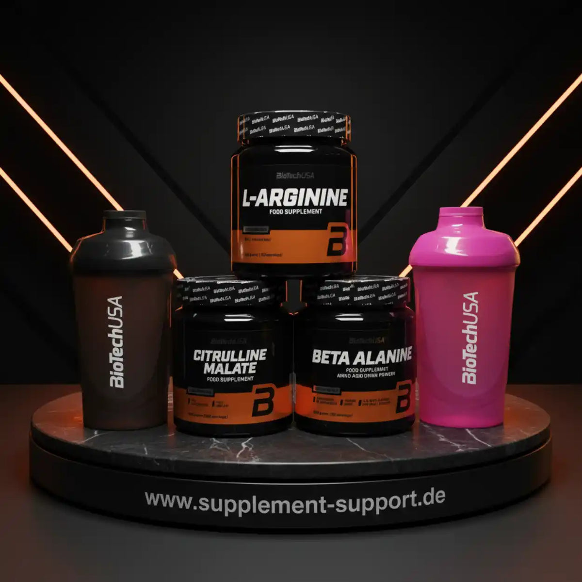 BioTechUSA Supplement-Set mit L-Arginin, Citrullin Malat und Beta Alanin auf Marmorsockel