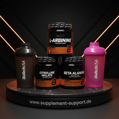 BioTechUSA Supplement-Set mit L-Arginin, Citrullin Malat und Beta Alanin auf Marmorsockel