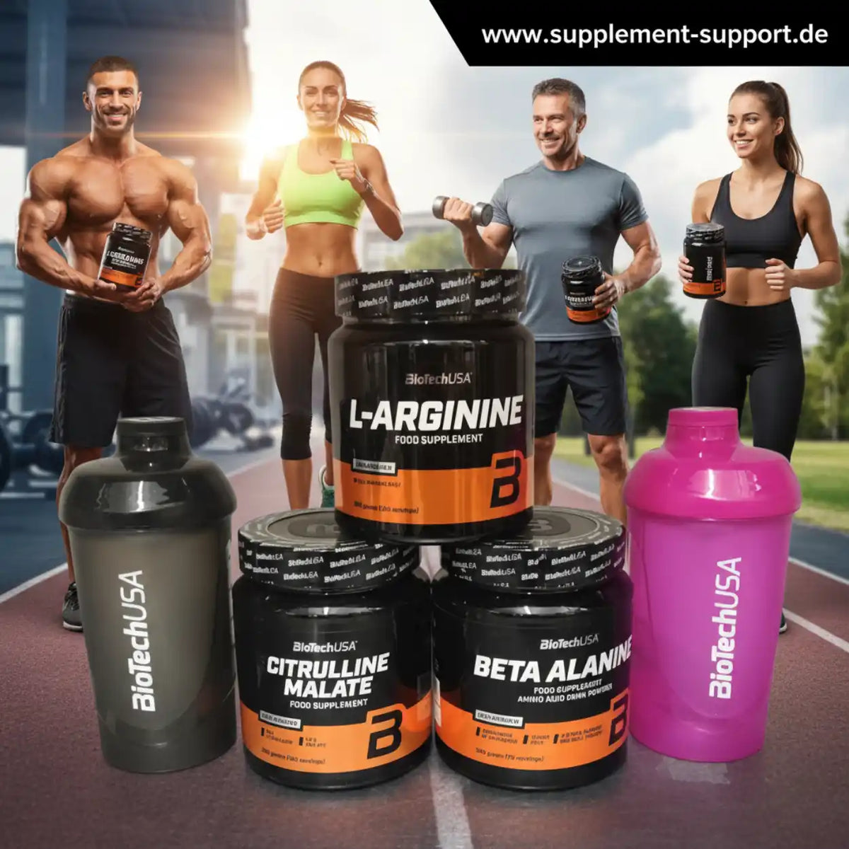 BioTechUSA Sportnahrung: L-Arginin, Citrullin-Malat und Beta-Alanin Supplemente vor Sportlern.