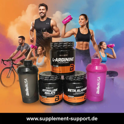 BioTechUSA Nahrungsergänzungsmittel L-Arginin, Citrulline Malate und Beta Alanine mit Sportlern.