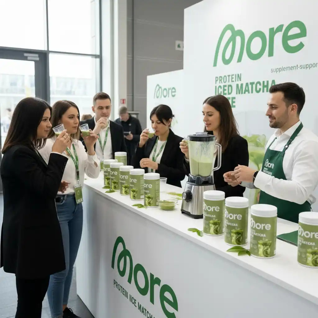 Protein Iced Matcha von more – Nahrungsergänzungsmittel probieren auf Messestand