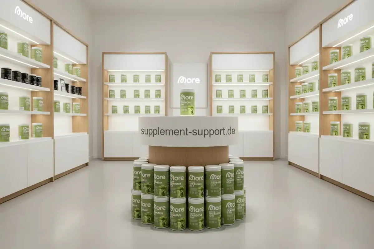 Modernes Supplement-Store mit grünen More-Produkten, Protein, Gainer und Vitaminen für Sportler