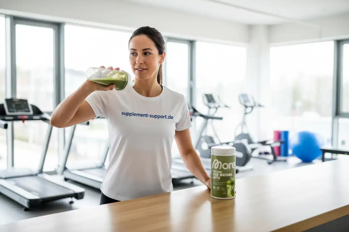 Frau trinkt grünen Protein-Shake im Fitnessstudio, neben Protein Iced Matcha Latte Dose