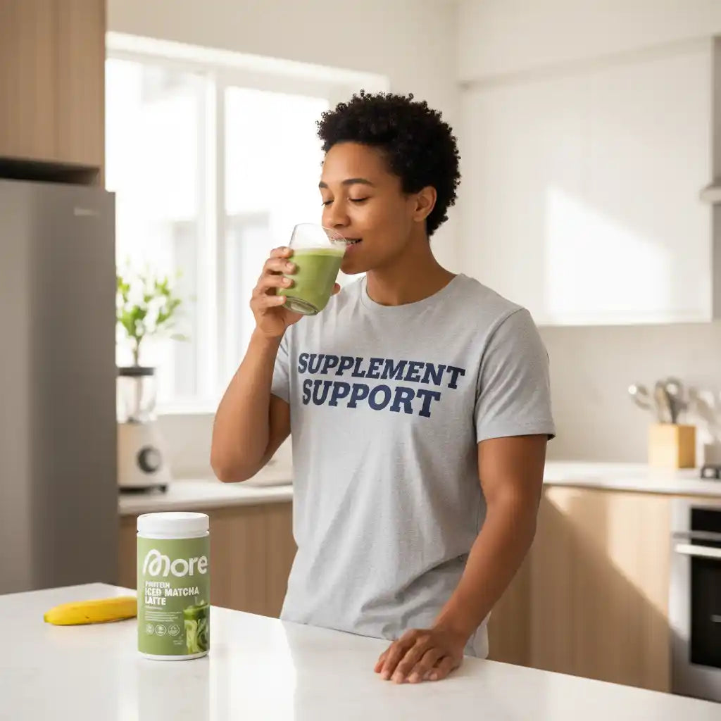 Frau trinkt grünen Protein-Matcha-Latte in der Küche, Nahrungsergänzungsmittel für Sport & Gesundheit