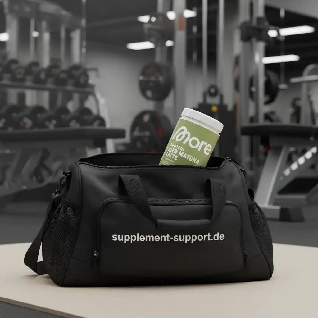 Schwarze Sporttasche mit Protein Iced Matcha Latte Dose im Fitnessstudio