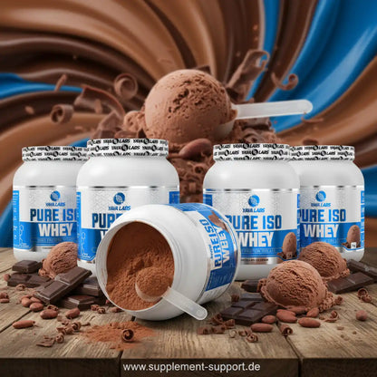 Pure ISO Whey Protein Pulver mit Schokoladeneis und Schokolade, ideal für Sportler und Fitness