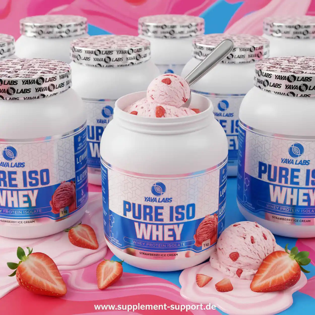 Yava Labs Pure Iso Whey Protein Isolat Erdbeereis, Proteinpulver mit Erdbeeren und Eiscreme