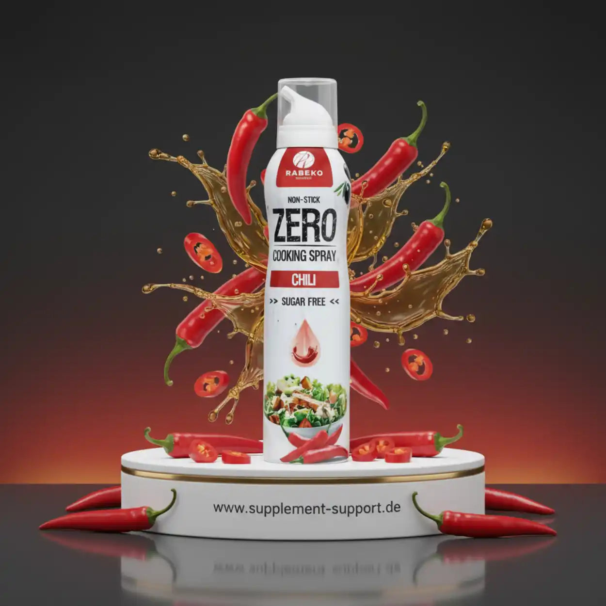 RABEKO Zero Chili Kochspray, zuckerfrei, mit roten Chilischoten und Öl-Spritzern, ideal für gesunde Ernährung