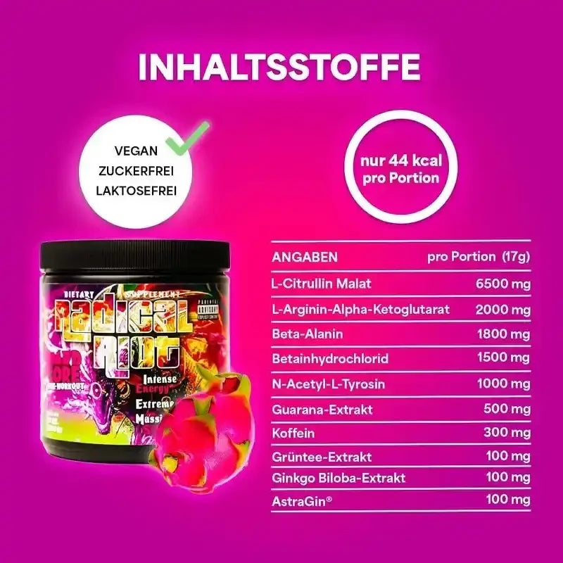 Radical Ruck Booster mit veganen, zuckerfreien Inhaltsstoffen und 44 kcal pro Portion – Energie & Massenaufbau