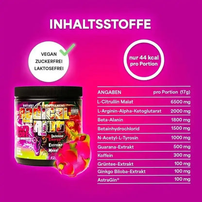 Radical Ruck Booster mit veganen, zuckerfreien Inhaltsstoffen und 44 kcal pro Portion – Energie & Massenaufbau