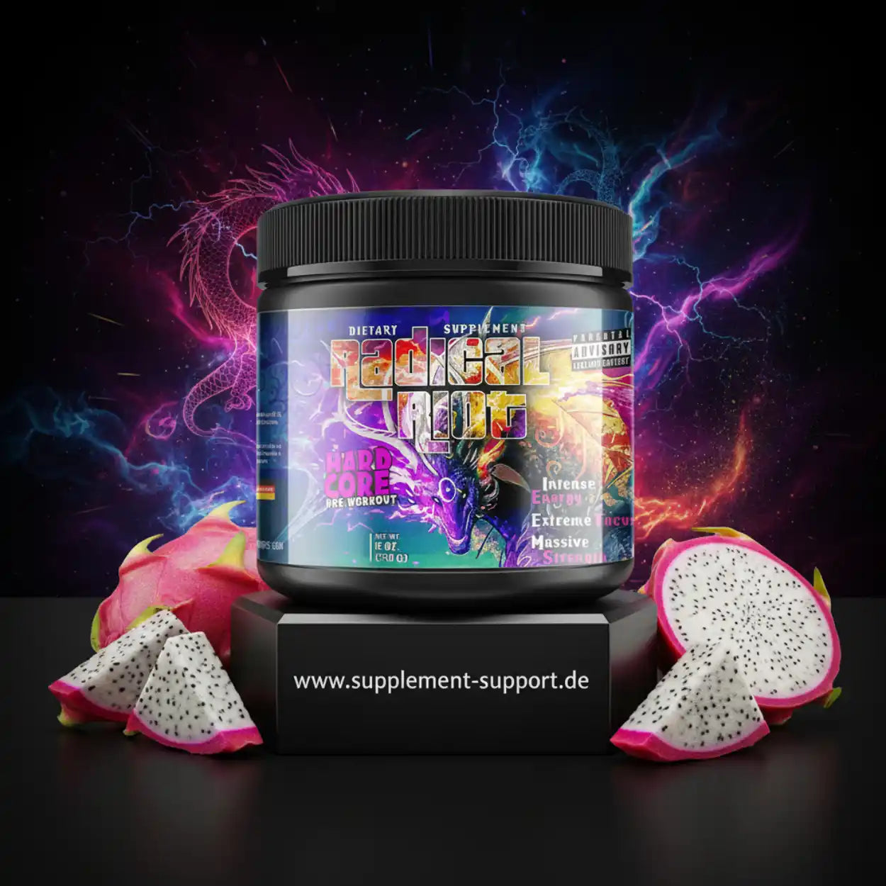 Radical Riot Pre Workout Booster mit Drachenmotiv und Dragonfruit, Energie & Fokus für Training
