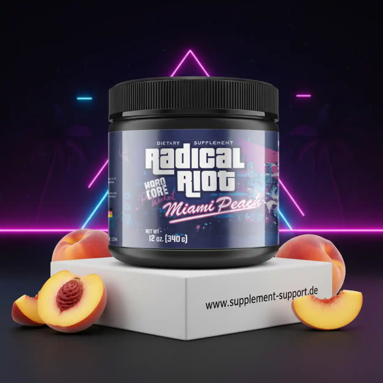 Radical Riot Miami Peach Pre-Workout Supplement mit frischen Pfirsichen, ideal für Sport und Fitness