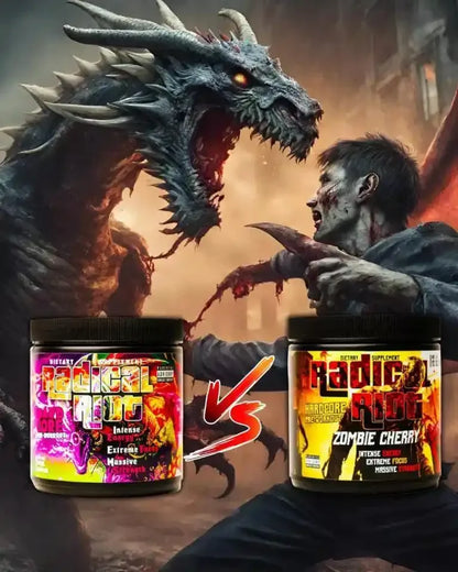 Radical Riot Pre-Workout in zwei Geschmacksrichtungen: Intense Energy & Zombie Cherry für extreme Fokus und Kraft