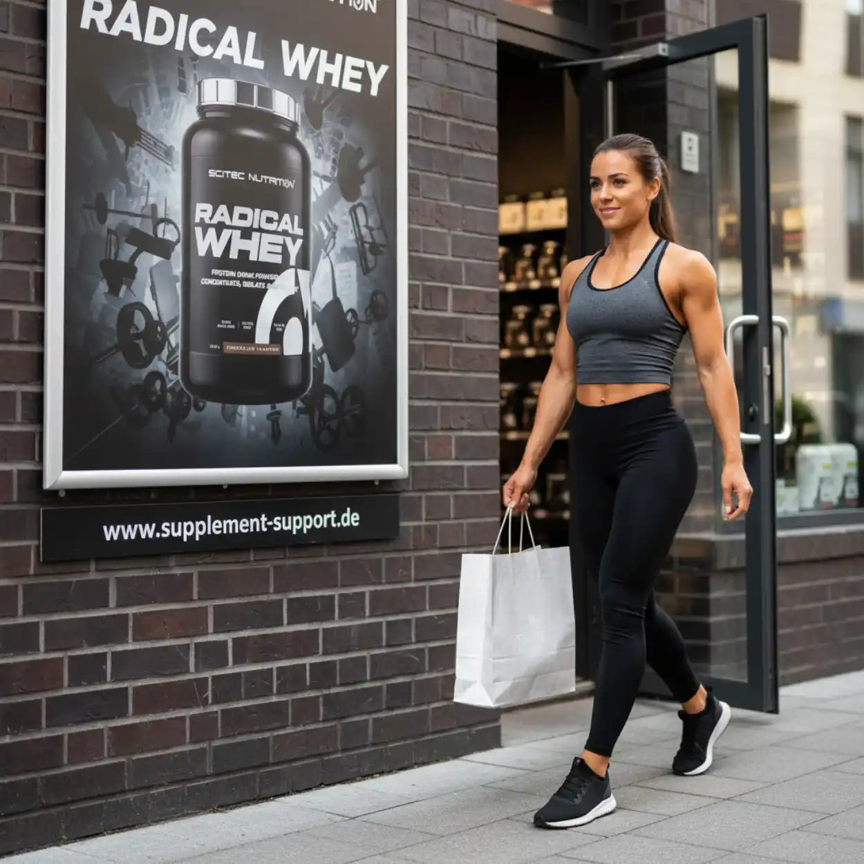 Sportliche Frau verlässt Supplement Support Laden mit Einkaufstasche, Radical Whey Protein Plakat
