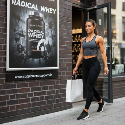 Sportliche Frau verlässt Supplement Support Laden mit Einkaufstasche, Radical Whey Protein Plakat