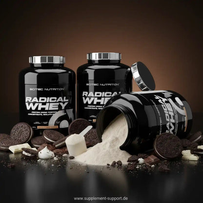 Radical Whey Protein Cookies & Cream Pulver, schwarze Dosen, Kekse, Supplement Support